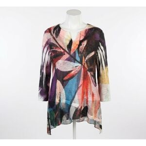 NEW JESS & JANE wind ballad slit v-neck chiffon contrast top in multicolor abstr
